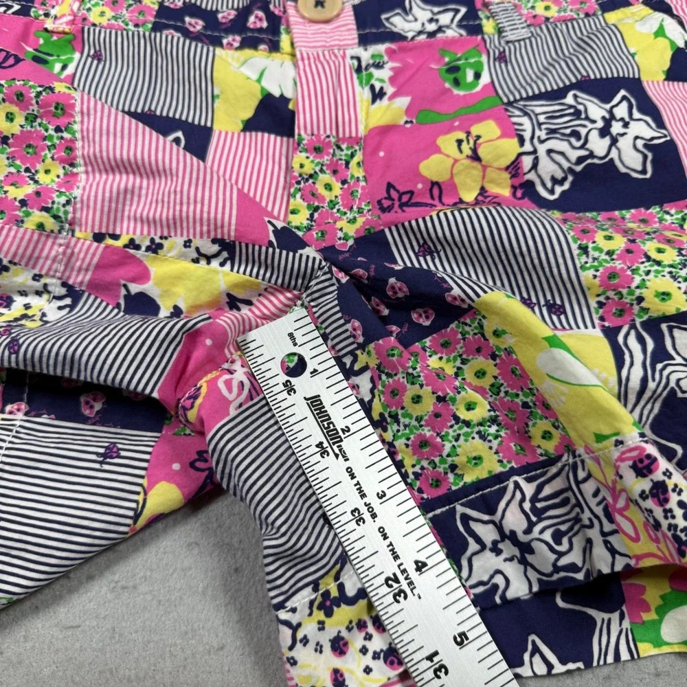 Lilly Pulitzer Patchwork Floral Striped Cotton Shorts Pink Yellow Navy Womens 8